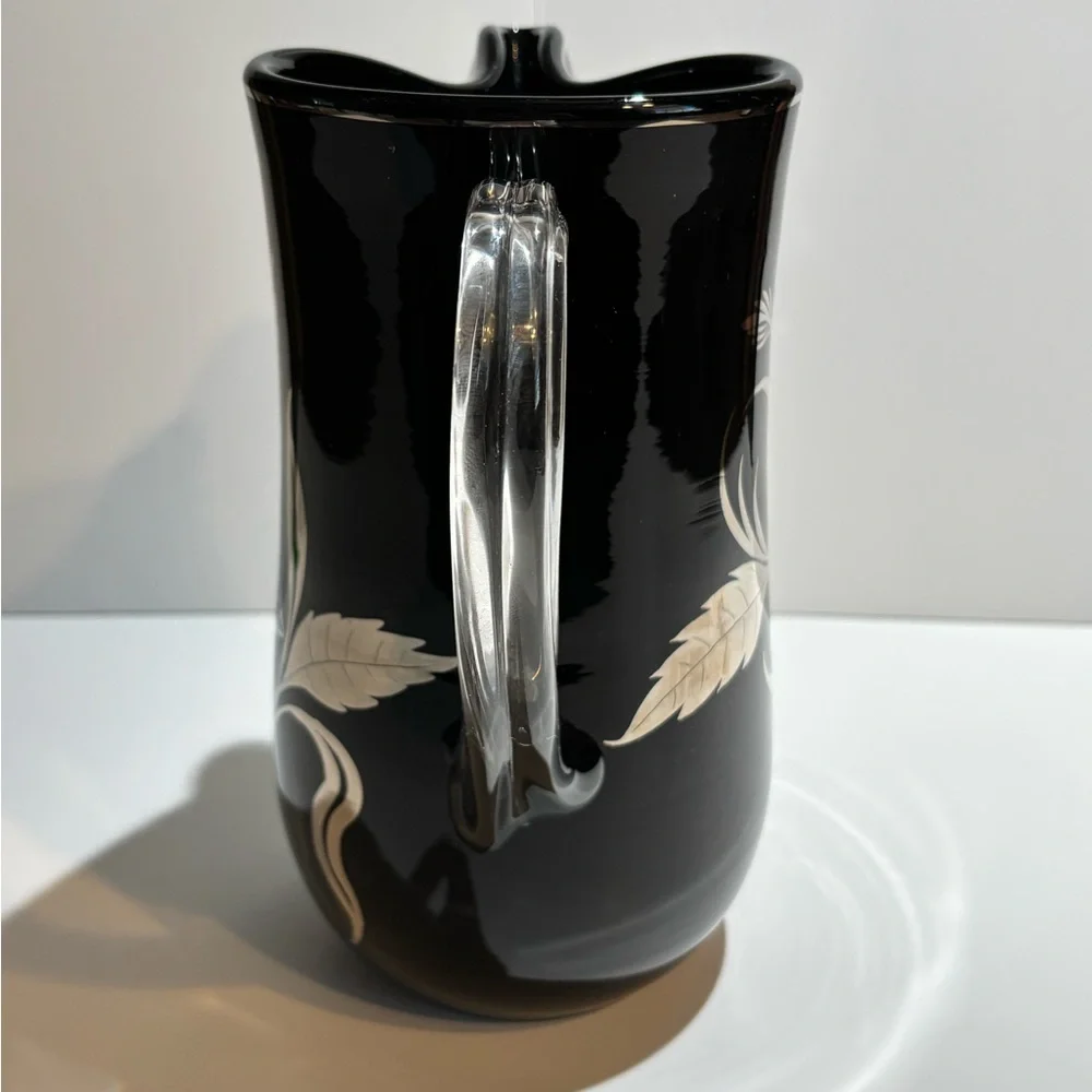 Black Glass Floral Pitcher Silver Etched Flowers Clear Handle Vintage